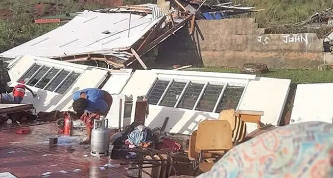 The damaged Yadua Village School where Chrales Brooke Hill seeked shelter from TC Yasa.