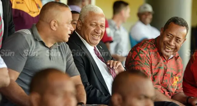 From left: Police Commissioner Brigadier-General Sitiveni Qiliho, Prime Minister Voreqe Bainimarama, and Commander of the Republic of Fiji Military Forces, Major-General Ro Jone Kalouniwai, at the Albert Park Pavilion in  Suva on September 6, 2022. Photo: Ronald Kumar