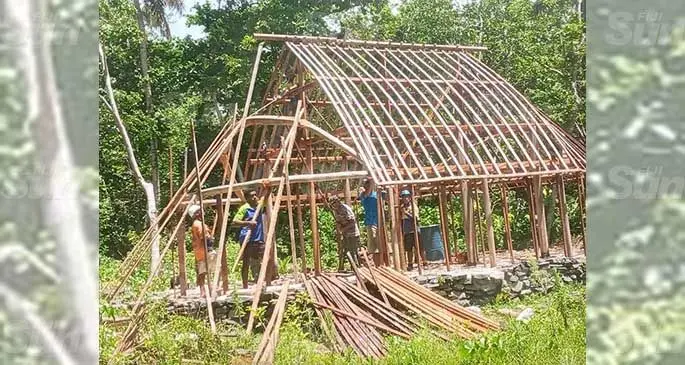 Cicia youths build a traditional thatched bure in Tarukua village on February 16, 2021. Photo: Inoke Rabonu