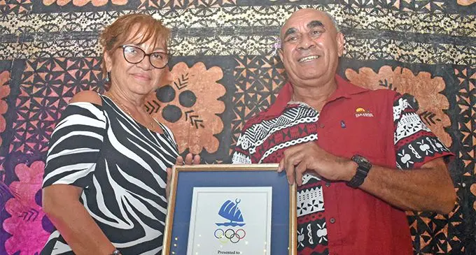 From left Susan Raddock receives the award from FASANOC president Joe Rodan Snr at the Fiji Sports Hall of Fame and Fiji Olympic Order at the South Sea Orchids, Nadi on March 15, 2019.