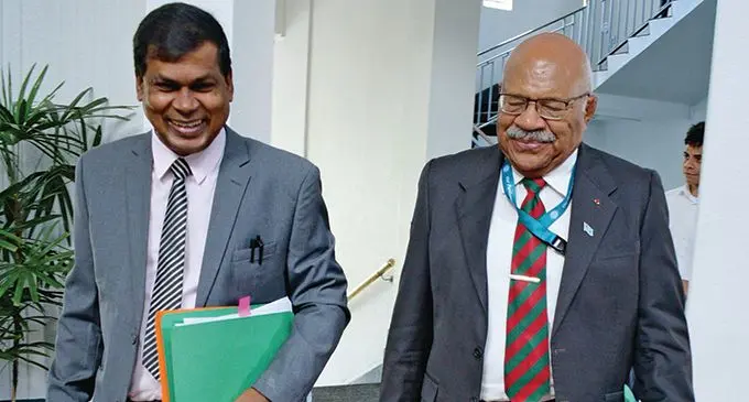 National Federation Party Opposition Member of Parliament Biman Prasad (left) and Leader of the Opposition Sitiveni Rabuka outside Parliament in Suva on November 29, 2018. Photo: Ronald Kumar    