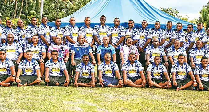 The Shop N Save Fiji Police Force rugby team, officials, command team and Acting Commisioner of Police Juki Fong Chew (middle row; sitting 6th from left). Photo: Fiji Police Force Media