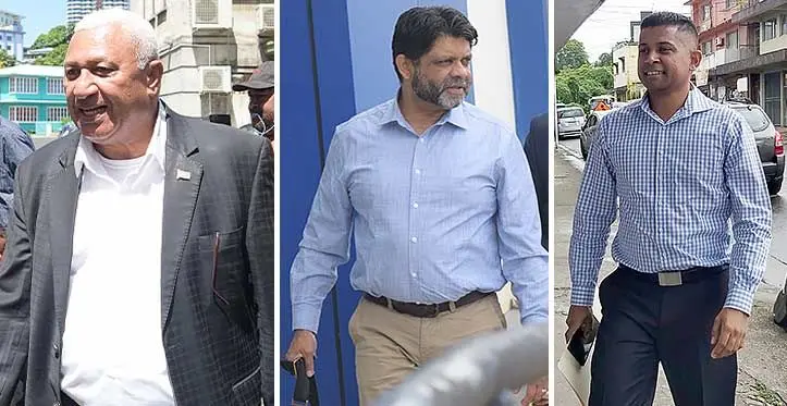 From left: Former PM Voreqe Bainimarama, Former Attorney-General Aiyaz Sayed Khaiyum and Former Supervisor of Elections Mohammed Saneem. Photos: Ronald Kumar/ Leon Lord