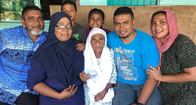 From left: Nazim Hussain, Rabina Bano, Sgkhina Bi, Nizaar Hussain, Farzana Khan, Nameer Hussain and Nuzairah Nisha at their home at Solove, Labasa, on December 14, 2022. Photo: Shratika Naidu