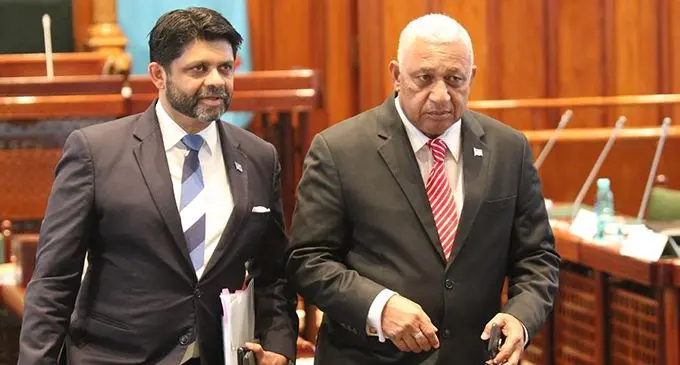 Attorney-General Aiyaz Sayed-Khaiyum with Prime Minister Voreqe Bainimarama in Parliament on February 11, 2019. Photo: Parliament of Fiji