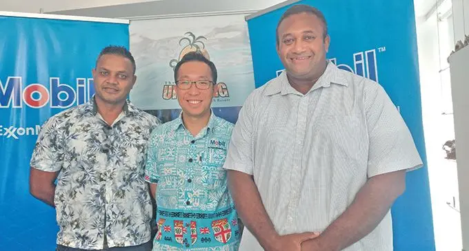 From left Koromakawa Rentals manager Rajeev Prasad,Mobil Fiji CEO Adi Tamara with Mobil Uprising 7s tournament organiszer Ropate Kauvesi after the sponsorhip announcement at the ANZ Level 1 conference room in Suva on January 19, 2021. Photo: Simione Haravanua