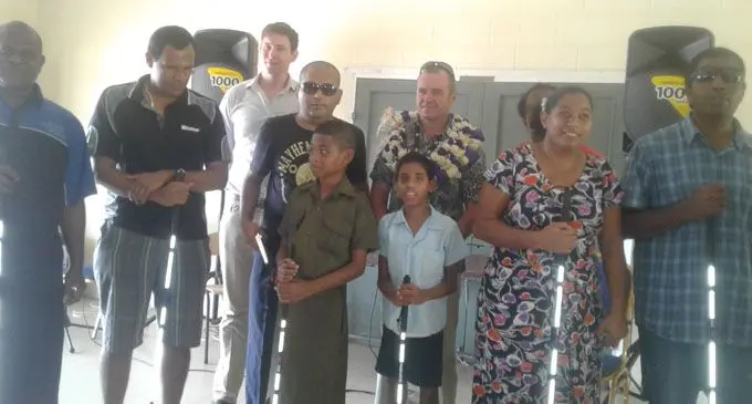 Australian High Commissioner John Feakes (with garland), with visionless and visually impaired people at Fiji National Council for Disabled Persons Complex (FNCDP) on February 26, 2018. Photo: Australian High Commission