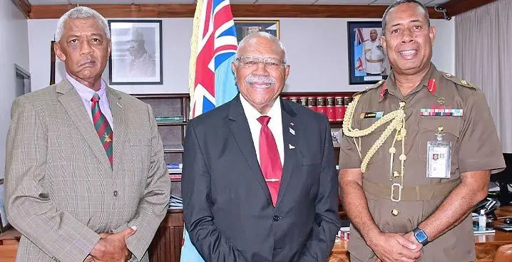 From left: Minister for Home Affairs and Immigration Pio Tikoduadua, Prime Minister Sitiveni Rabuka and Commander of the Republic of Fiji Military Forces Major-General Ro Jone Kalouniwai. Photo: DEPTFO