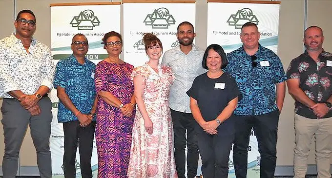 Steven Andrews, Fiji Hotel and Tourism Association (FHTA) president Narend Kumar, FHTA chief executive office Fantasha Lockington, Kaydee George, Azam Khan, Tammie Tam, Brad Rutherford and Adam Wade after the FHTA Annual General Meeting on June 21, 2024. Photo: FHTA
