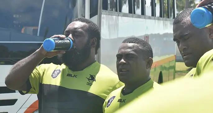 From left: Fijian Latui tighthead prop Manasa Saulo and hooker Ratunaisa Navuma during training in Lautoka for the Global Rapid Rapid comp which is now suspended.