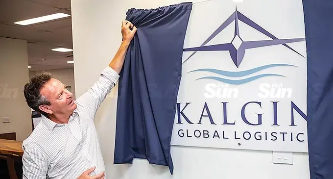 Kalgin Global Logistics managing director Richard Lamport unveils the rebranding of the company, formerly Total Logistics Support, at Lami, on January 27, 2022. Photo: Leon Lord