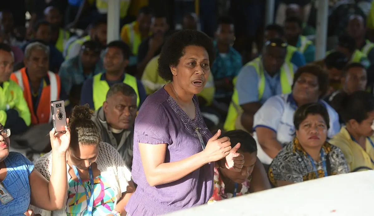 National Union of Workers rep, Camari Kuruwale during question answer session with Water Authority of Fiji Management reps regarding end of their employment term at WAF Wailoku depot on April 30, 2019. Photo: Ronald Kumar.