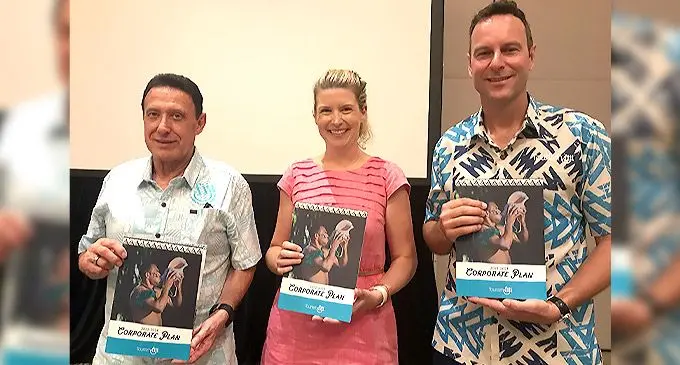 From left: Tourism Fiji Chair Andre Viljoen, PSDI Tourism Expert, Sara Currie and Tourism Fiji CEO Brent Hill during the launch at the Sheraton Fiji Golf & Beach Resort, Denarau Island on May 30, 2022. Photo: Waisea Nasokia