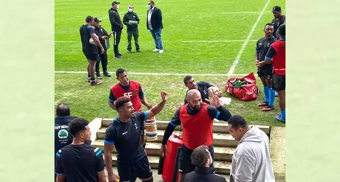 Flying Fijians burly winger Nemani Nadolo (third from left) with Ben Volavola (left- back to camera) and Sisa Koyamaibole (right) at the Beaublanc Stadium in Limoges, France on October 30, 2020.