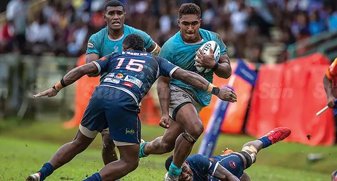 Suva robust young centre Iosefo Namoce surges through the Nadi defence during the Skipper Cup semifinal on June 15, 2024.