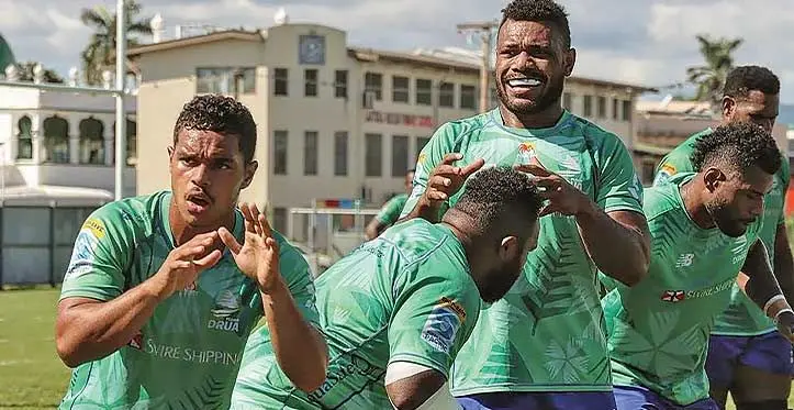 Swire Shipping Fijian Drua players (from left) halfback Philip Baselala, Mesake Doge and Elia Canakaivata during the team training in Nadi on May 23, 2023. Photo: Fijian Drua Media