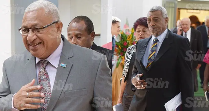 Prime Minister Voreqe Bainimarama and Mr Pio Tikoduadua outside Parliament on September 6, 2019. 