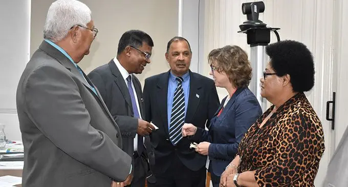 NFP president Biman Prasad (second from left), with  Members of the Standing  Committee for Foreign Affairs on March 3, 2020. Photo: Parliament of Fiji