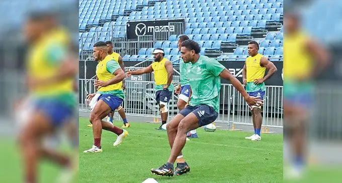 Swire Shipping Fijian Drua players (front, from left) Zuriel Togiatama and Iosefo Masi. Behind (from left) Tuifagalele Sorovakatini, Samuela Tawake, Leone Rotuisolia and Elia Canakaivata at Mt Smart Stadium in Auckland, New Zealand on February 25, 2023. Photo: Fijian Drua