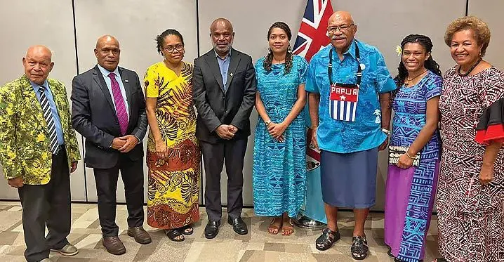 From left: ULMWP secretary Rex Rumakiek, WPPG President Benny Wenda, FCOSS executive officer Vani Catanasiga, ULMWP Deputy Minister for Foreign Affairs Morris Kaloran, West Papua liaison officer in Fiji Mere Tuilau, Prime Minister Sitiveni Rabuka, West Papua coordinator Koteka Wenda Free, and Emele Duituturaga. Photo: Waisea Nasokia