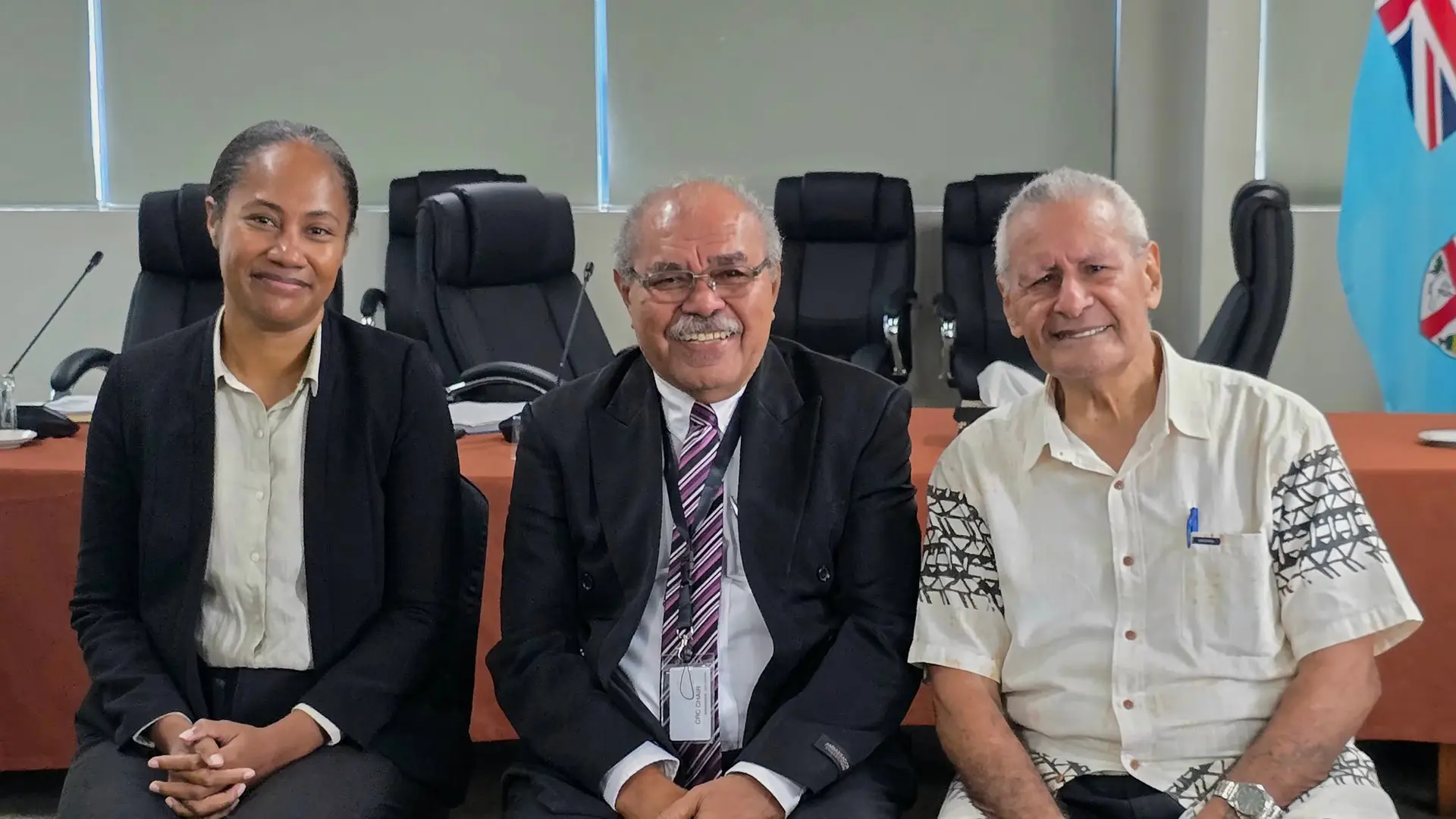 Constitutional Review Commission members Merewalesi Nailatikau and chair Sevuloni Valenitabua with John Fatiaki.