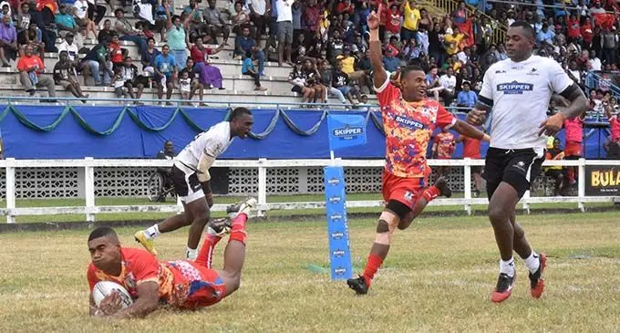 Winger Vinaya Habosi scores a try for Namosi against Nadroga in the corner during the Farebrother Sullivan Trophy challenge at Lawaqa Park, Sigatoka, on August 1, 2020.   Photo: Waisea Nasokia