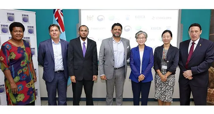 From left: Bureta Development Committee secretary Sereana Qoro, British High Commission Suva, DFID Regional Representative for the Pacific , Jean-Paul Penrose, Fiji Development Bank acting chief executive officer Saiyad Hussain, Attorney-General and Minister for Economy, Aiyaz Sayed-Khaiyum, Ambassador of the Republic of Korea to Fiji, Shinhee Cho, KOICA director Jinhee Kim and Fiji Development Bank board chair Andre Viljoen on August 24, 2020. Photo: DEPTFO News
