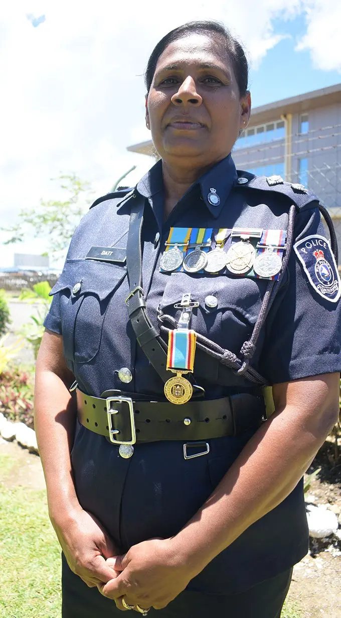 Inspector Savita Datt after receiving 50th anniversary of Independence commemorative Medal from President Jioji Konrote  at Police Nasova ground on November 13, 2020. Photo: Ronald Kumar.