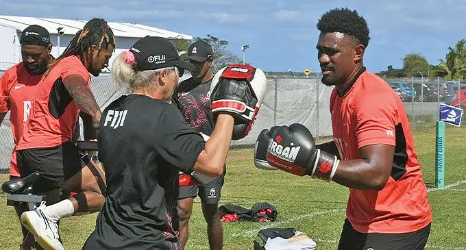 New Fijian Drua recruit Vuate Karawalevu (right) during the Flying Fijians training session at the Fiji Airways ground in Nadi on August 28, 2024. Photo: Waisea Nasokia