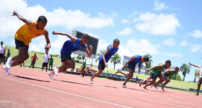 Lelean Memorial School inter-house junior boys boys 100 metres final at the ANZ Stadium, Suva, on February 22, 2018. Photo: Ronald Kumar
