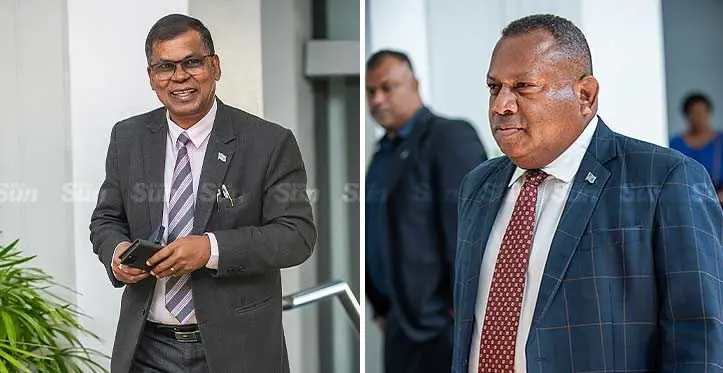 Minister for Finance Biman Prasad and Leader of Opposition Inia Seruiratu in Parliament on July 7, 2023. Photo: Leon Lord