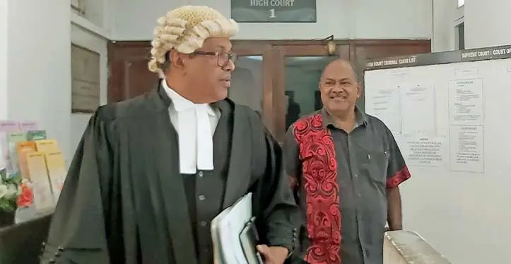 From right: Former SODELPA Member of Parliament Peceli Vosanibola with his lawyer Jagath Karunaratne outside the Anti-Corruption High Court in Suva on May 10, 2023. Photo: Ashna Kumar