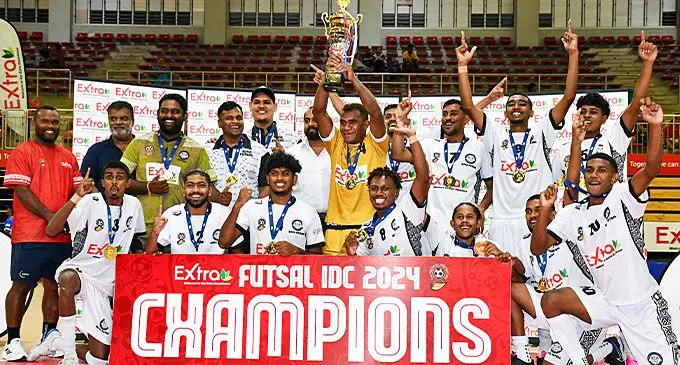 2024 Futsal IDC Champions Suva celebrate after defeating Lautoka 6-2 at the Vodafone Arena, Suva on November 16, 2024. Photo: Josua Buredua