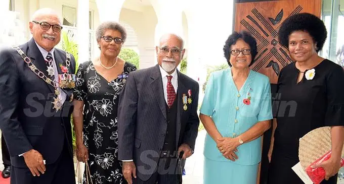 From left- President Major-General (Ret’d) Jioji Konrote, Eta Qereqeretabua, Radike Qereqeretabua, First Lady Sarote Konrote and Opposition Member of Parliament Lenora Qereqeretabua after the 50th anniversary of Independence commemorative medal representation at State House on October 27, 2020. Photo: Ronald Kumar