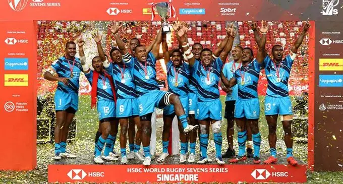 Fiji Ariways Fijian 7s team with the Singapore 7s title after their win on April 10, 2022. Photo: World Rugby