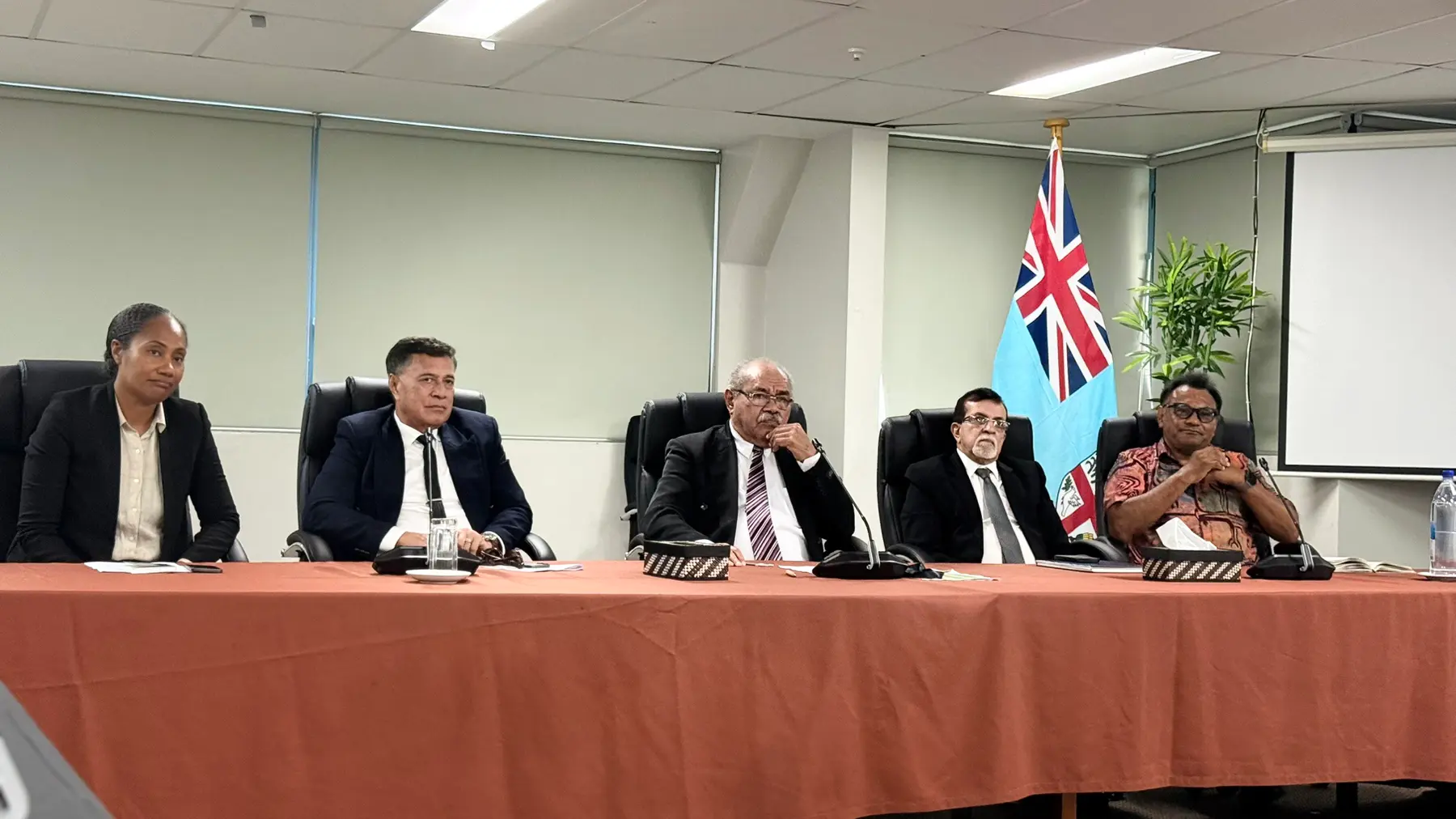 From left: Mere Nailatikau, Dr John Fatiaki, Sevuloni Valenitabua, Ami Kohli, and Conway Begg at the CRC press conference at the Suvavou House, Suva on July 3, 2026. Photo: Talei Roko