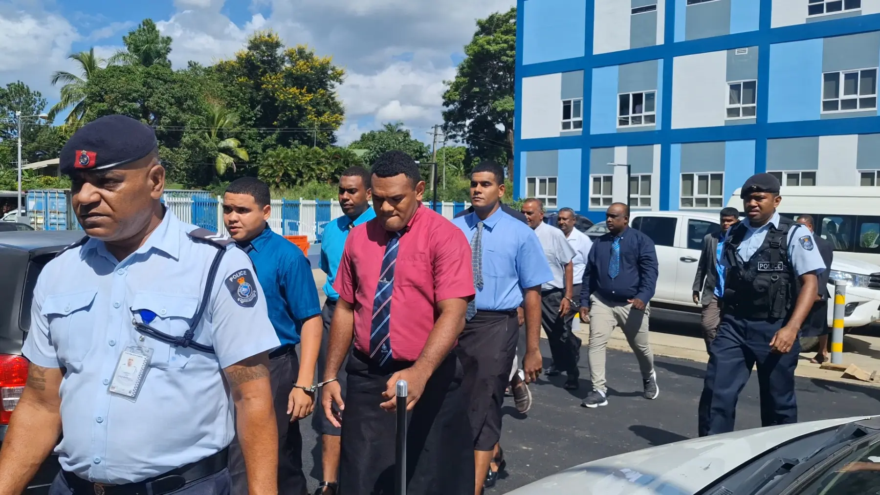 From left: Owen Smith, Ratu Filimoni Yawayawa; followed by Ratu Peni Ranamu, Isikeli Nagilolevu, Abdul Saiban, and Sonal Kumar escorted to the Nadi Magistrate Court on March 30, 2026.