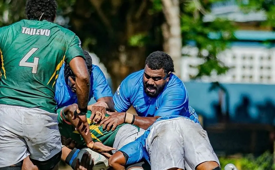 Drua hooker Mesulame Dolokoto (facing camera) tackles a Tailevu player during their Skipper Cup Round 5 clash on September 13, 2025. Photo: Suva Rugby Union