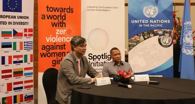 Ambassador of the European Union for the Pacific Sujiro Seam and United Nations Resident Coordinator, Sanaka Samarasinha during the launch of the Spotlight Initiative Regional Pacific Programme in Suva. Photo: UN Pacific Communications Group.
