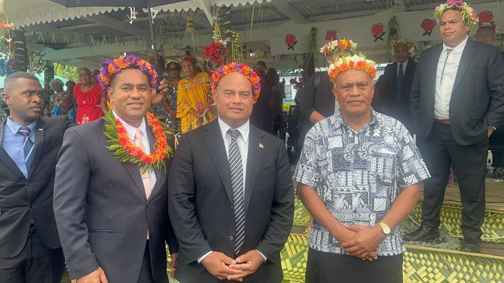 From left: Minister for Lands and Mineral Resources Filimoni Vosarogo, President of the Republic of Nauru David Adeang, and Rabi Administrator Iakoba Karutake during the 80th anniversary celebrations of the arrival of the Banabans at Rabi on December 15, 2025.