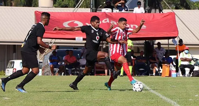 Labasa striker Ashnil Raj is pressured by the Ba defenders during their Vodafone Premier League clash at Fiji FA Academy in Ba on July 25, 2020. Photo: Fiji FA Media