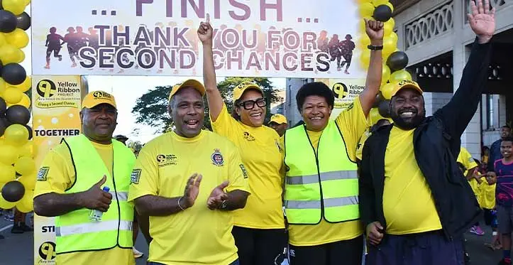 The Attorney-General and Minister for Justice, Siromi Turaga, (second from left), Minister for Women, Children and Social Protection Lynda Tabuya and acting Commissioner of Corrections Salote Panapasa during the Yellow Ribbon Walk at Albert Park, Suva on July 1, 2023. Photo: Fiji Govt