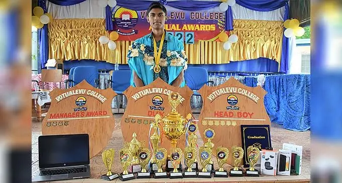 Votualevu College Dux Raheel Nath, with his trophies after the school’s annual prizegiving ceremony on December 14, 2022. Photo: Waisea Nasokia