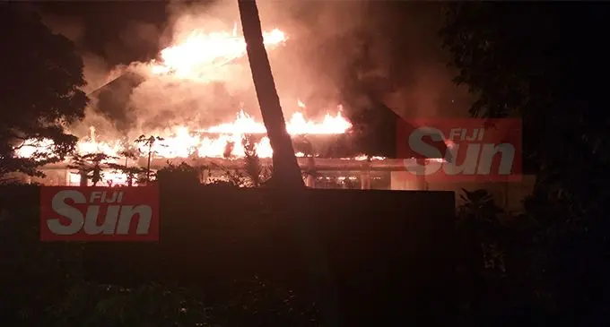 The Vale ni Bose of the Fijian Trust Fund in Nasova up in flames early Wednesday morning, December 11, 2019. Photo: Naisa Koroi