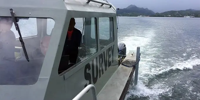 Crew members of RFNS Ikavuka  during their multibeam survey equipment training at the Suva Harbour.