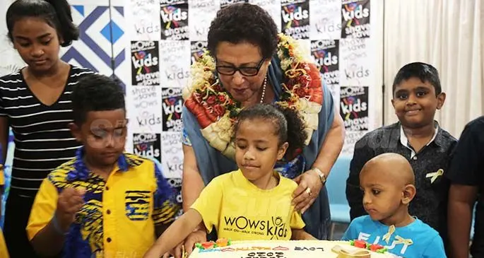 Mary Bainimarama with children under the WOWS Kids programme during the launch of the Child Cancer Month at Tanoa Plaza Hotel in Suva on July 24, 2020. Photo: Wati Talebula