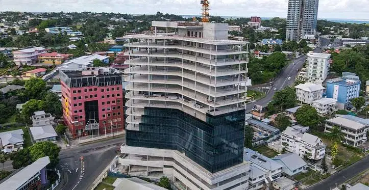 Both Chinese-backed, the FHL Tower and WG Friendship Plaza are landmarks of the capital city where construction appears to have halted. The lease notice that still hangs on the front of the Gordon Street multi-million dollar suggests the property may not be fully be leased as yet. Photo: Leon Lord