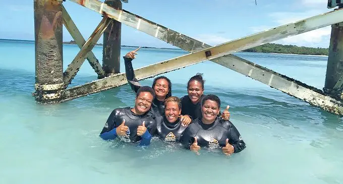From left-right: Mereoni Taga, Pitila Waqainabete (second from left) Meliki Rakuro, Salome Tuimaloku (second from right) and Diana Divalotu during their latest Assessment Survey in Yasawa.