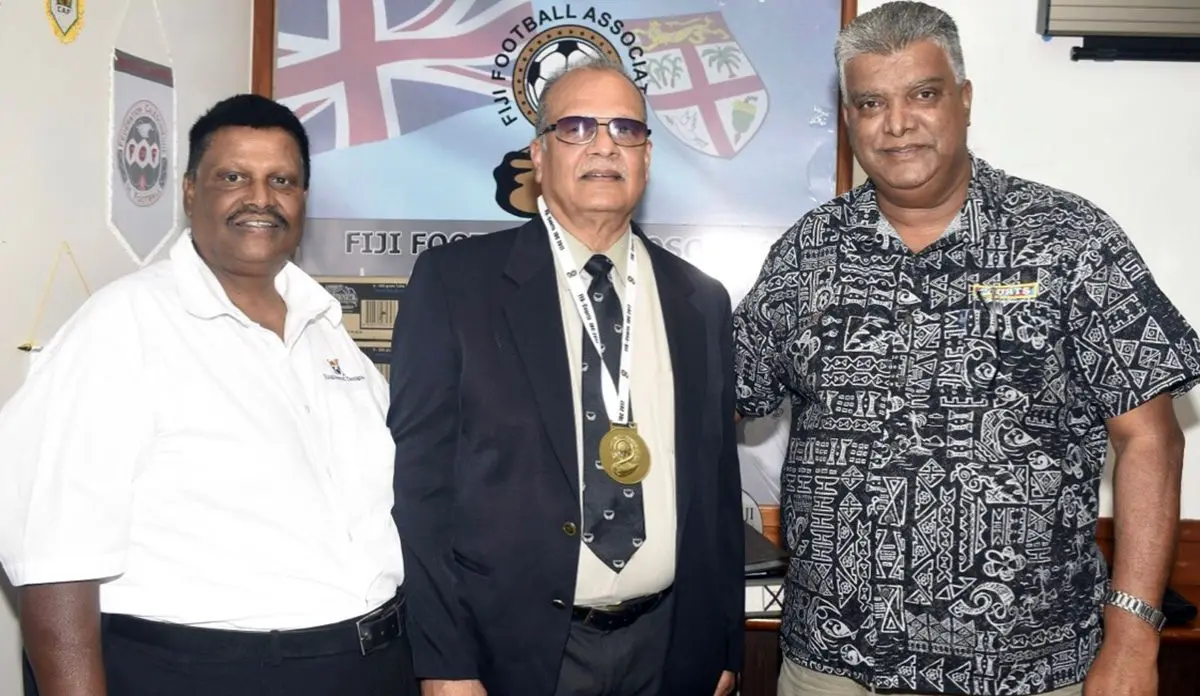 From Left: Nasinu Football club president Sadah Naicker, Gopal Khanna and Fiji Football chief executive officer Mohammed Yusuf.  Photo: FijiFA President