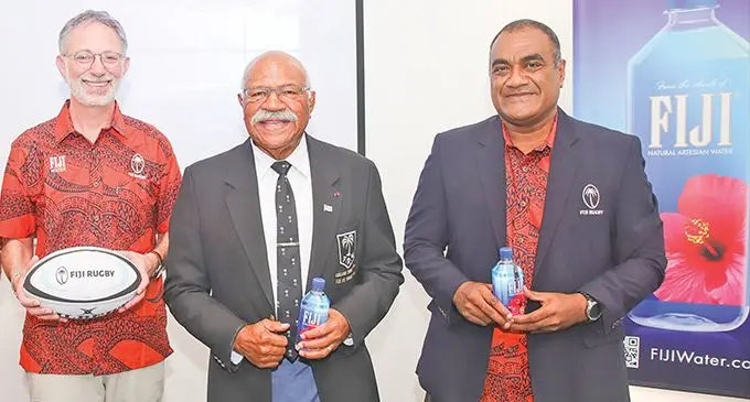 From left: FIJI Water Executive Vice President Craig Cooper, Prime Minister Sitiveni Rabuka and Fiji Rugby Union acting chief executive officer Sale Sorovaki at the $3.8 million sponsorship announcement in Suva on April 14, 2023